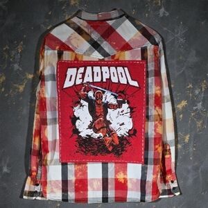 Upcycled Deadpool Graphic Red and Black Plaid Men's Shirt